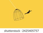 Businessman jump escape from trap. concept of escape from comfort zone, experience new challenge and break free for freedom