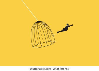 Businessman jump escape from trap. concept of escape from comfort zone, experience new challenge and break free for freedom