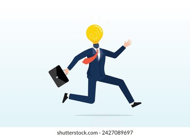 Businessman jump lightbulb idea head, get new business idea, think or brainstorming for solution, creativity or invention, brilliant idea discovery, intelligence or wisdom to drive success (Vector)