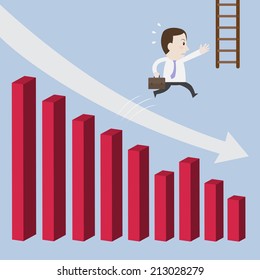 Businessman jump off falling down chart - Vector