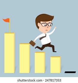 Businessman jump off falling down chart, vector illustration