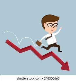 Businessman jump off falling down chart, vector illustration
