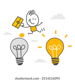 Businessman jump from old idea to new bright bulb idea. Business transformation, change management or transition to better innovative company, improvement and adapt to new normal concept.