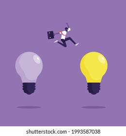 Businessman Jump From Old To New Lightbulb Idea, Change Management Or Transition To Better Innovative 