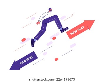 Businessman jump from old way arrow to growing up new way arrow, chooses to move forward to the new way, concept for adapting to change, improvement and development for the self or the business