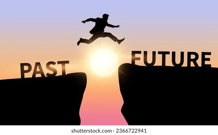 Businessman jump on a cliff from past to future with with sunlight sky background