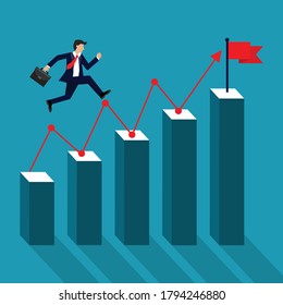 un hombre de negocios salta sobre las columnas del gráfico. logro de objetivos para el éxito. símbolo de crecimiento de negocio de motivación. ilustración vectorial en diseño moderno de estilo plano. aislado de fondo azul.