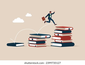 Empresarios saltan sobre la pila de libros de crecimiento para lograr su objetivo. Educación y estudio de nuevas habilidades. Ilustración vectorial plana