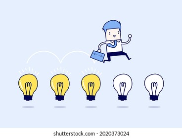 Businessman jump on light bulbs. Cartoon character thin line style vector.