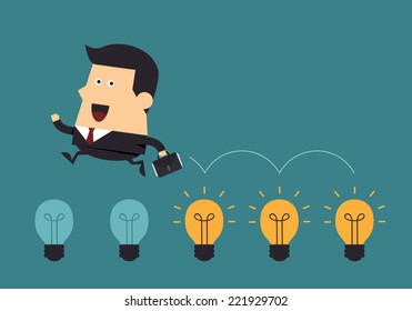 Businessman jump on light bulbs, Idea concept