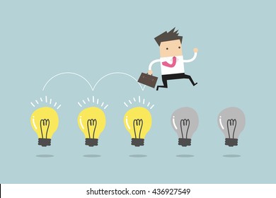 Businessman jump on light bulbs, vector