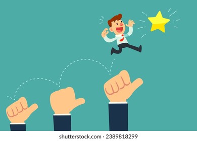 Businessman jump on rising thumb up hands to reach golden star. Review and compliment business concept.