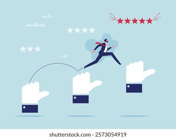 Businessman jump on rising thumb up hands to reach five star. Review and compliment business concept