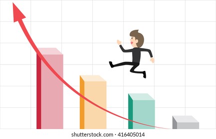 businessman jump over bar and graph charts on white background