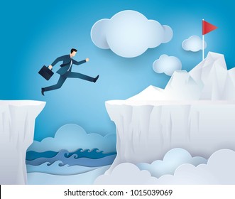 Businessman Jump over Between Cliff Gap Mountain To the Red Flag, Concept of business risk, Challenge, Courage, Determination, motivation, Reach the target, Paper art vector and illustration.