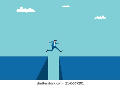 Businessman Jump over Between Cliff Gap building. Concept of business risk, Challenge, Courage, Determination, motivation, Reach the target. Eps10 illustration.