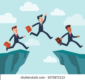 Businessman jump over cliff gap. Concept of business risk and success. Concept of business competition