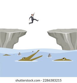 Businessman Jump Over Cliff Gap Mountain. Flat vector illustration isolated on white background