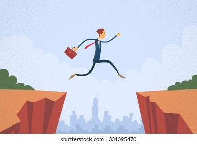 Businessman Jump Over Cliff Gap Mountain Flat Retro Vector Illustration