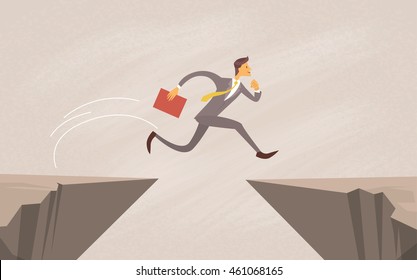 Businessman Jump Over Cliff Gap Mountain Flat Vector Illustration