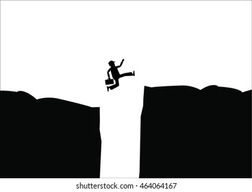 Businessman Jump Over Cliff Gap Mountain Flat Retro Vector Illustration