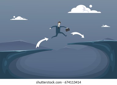 Businessman Jump Over Cliff Gap Mountain To Success Business Man Risk Concept Flat Vector Illustration
