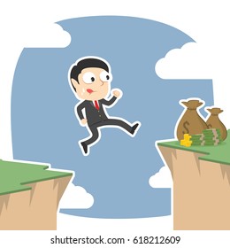 businessman jump over cliff to get moneys