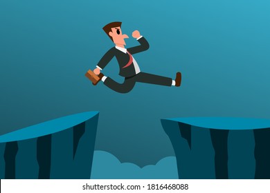 Businessman jump over a cliff. Stepping through dangerous obstacles. Overcoming difficulties. Business Concept. Vector illustration