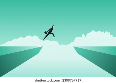 Businessman jump over a cliff. Stepping through dangerous obstacles. Overcoming difficulties. Business Concept. Vector illustration