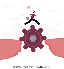 Businessman jump over cliff using giant gear. Analyze problem to find business solution to solve problem, experience and skills to achieve success, leadership, strategy planning to achieve goals.