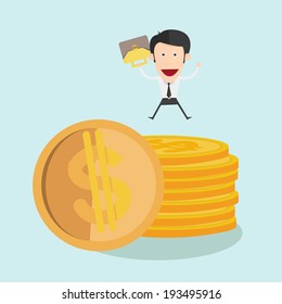 Businessman jump over coin stack 