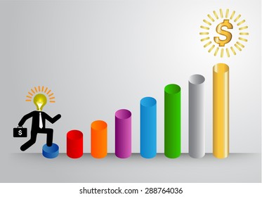businessman jump over growing chart. gold money chart. vector illustration. lamp idea. infographics. marketing