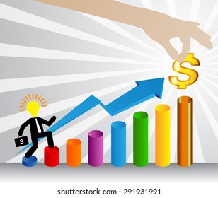 businessman jump over growing chart. money chart. vector illustration. lamp idea. infographics. marketing. Success, victory. arrow. hand. Ladder to success