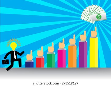 businessman jump over growing chart. money chart. vector illustration. lamp idea. infographics. marketing, victory. arrow. Ladder to success. walk. goal. graphic. stair. icon. stability