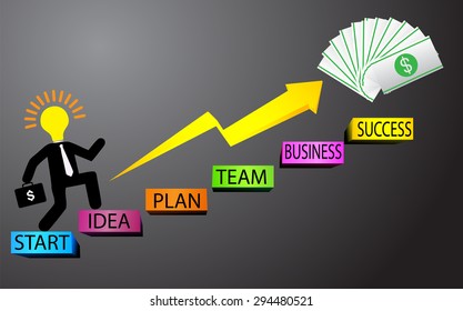 businessman jump over growing chart. money chart. vector illustration. lamp idea. infographics. marketing, victory. arrow. Ladder to success. walk. goal. graphic. stair. icon.