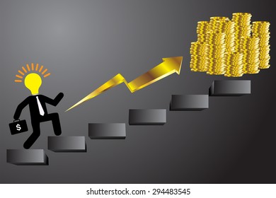 businessman jump over growing chart. money chart. vector illustration. lamp idea. infographics. marketing, victory. arrow. Ladder to success. walk. goal. graphic. stair. icon.