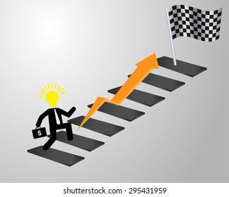 businessman jump over growing chart. money chart. vector illustration. lamp idea. infographics. marketing, victory. arrow. Ladder to success. walk. goal. graphic. stair. icon. destination, win, flag