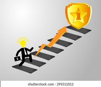 businessman jump over growing chart. money chart. vector illustration. lamp idea. infographics. marketing, victory. arrow. Ladder to success. walk. goal. gold. graphic. stair.icon.destination,win
