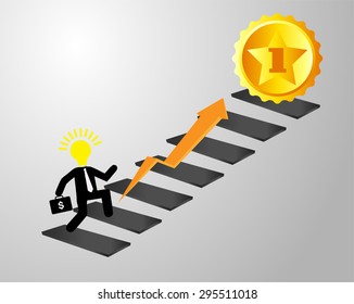 businessman jump over growing chart. money chart. vector illustration. lamp idea. infographics. marketing, victory. arrow. Ladder to success. walk. goal. gold. graphic. stair.icon.destination,win