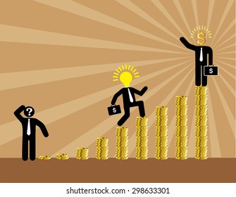 businessman jump over growing chart. money chart. vector illustration. lamp idea. infographics. marketing, victory. Ladder to success. walk. goal. graphic. stair. icon. destination,win.blue background