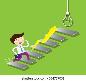businessman jump over growing chart. money chart. vector illustration. lamp idea. infographics. marketing, victory. Ladder to success. walk. goal. graphic. stair. icon. destination,win