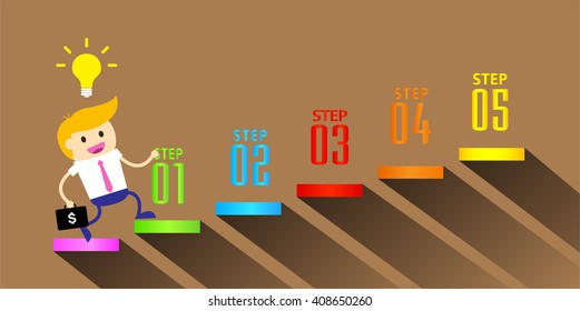 businessman jump over growing chart. money chart. vector illustration. lamp idea. infographics. marketing, victory. Ladder to success. walk. goal. graphic. stair. icon.destination,win.brown background