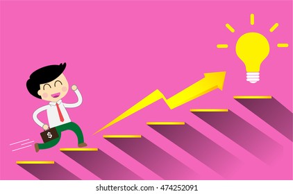 businessman jump over growing chart. money chart. vector illustration. lamp idea. infographics. marketing, victory. Ladder to success. walk. goal. graphic. stair. icon.destination,win
