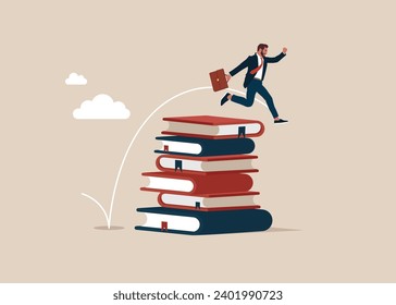 Businessman jump over high books stack. Education and study new skill. Flat vector illustration