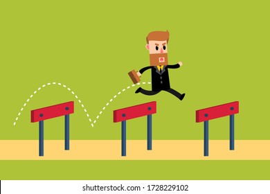 Businessman Jump Over Hurdles. Overcoming Obstacles. Business Concept. Vector Illustration