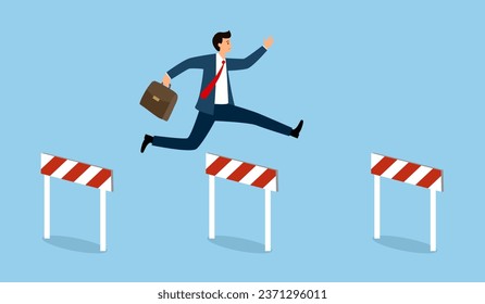 Businessman jump over hurdles. Overcoming obstacles to reach goals. Business challenges concept.