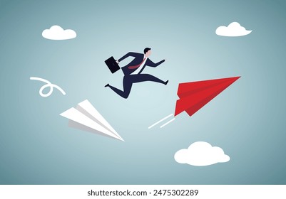 Businessman jump over the new paper plane illustration.Change to better company, innovation to help success or career change to new path, alternative way or direction concept.