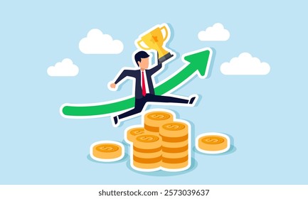 A businessman jump over a stack of coins in front of a rise green graph while hold a trophy, illustration of become a leading company to dominate market share to increase revenue.