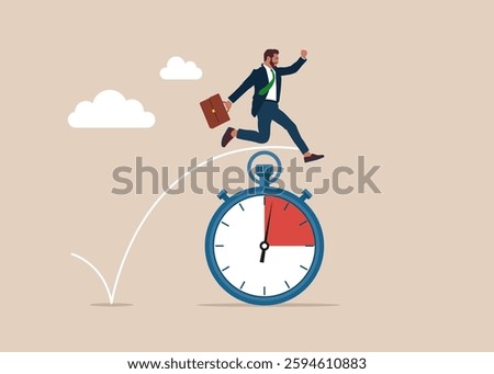 Businessman jump past the countdown stopwatch. Optimization and productivity. The sense of urgency, the reaction to priority tasks. Flat vector illustration