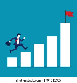 businessman jump to red flag. step goal achievement for success. motivation graph business growth symbol. isolated on blue background. vector illustration in flat style modern design.